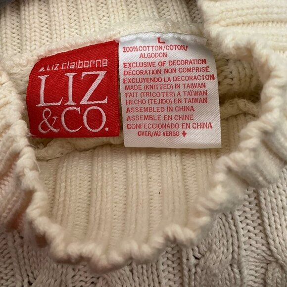 VTG Liz Claiborne Large Beige All over Cable Knit Fisherman Sweater Chunky - Picture 3 of 9